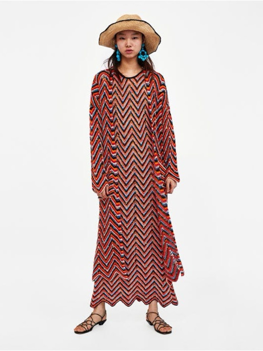 Zara Long Chevron-Pattern Knit Cardigan with Pockets
